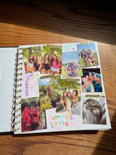 an open spiral notebook with pictures of people on it