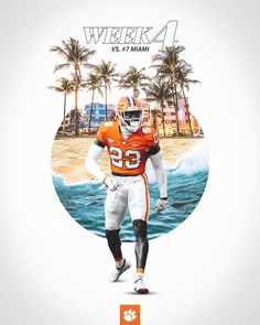 an orange and white football player is running on the beach with palm trees in the background