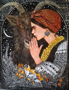 a painting of a woman and a goat