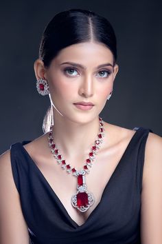 White plated mughal carved pendant necklace with ruby stone, zirconia embellishment. Comes with earrings. - Aza Fashions Carved Pendant, Fish Hook Earrings, Ruby Stone, Hook Earrings, Aza Fashion, Necklace Set, Jewelry Sets, Silver Plate, Silver Plated