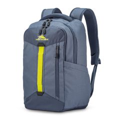 a blue backpack with yellow zippers on the side