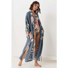 Blue Floral Kimono Robe | Eiyo Kimono Long Sleeved Blouses, Japanese Sleeves, Bohemian Style Kimono, Japanese Kimono Fashion, Moda Kimono, Island Outfit, Kimono Floral, Maxi Kimono, Bohemian Kimono