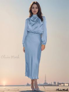 Olivia Mark - Elegant Evening Gown - Long-sleeved Loose Fit Satin Dress Flowy Long Sleeve Midi Dress For Wedding, Light Blue Long Sleeve Dress For Daywear, Long Sleeve Maxi Dress For Daywear, Solid Long Sleeve Silk Maxi Dress, Silk Long Sleeve Day Dresses, Formal Blue Long Sleeve Midi Dress, Formal Light Blue Long Sleeve Dress, Light Blue Long Sleeve Maxi Dress For Party, Light Blue Long Sleeve Formal Dress