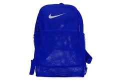 Nike Brasilia Mesh BackpackThe Nike Brasilia mesh backpack adds a cool spin to back to school. It boasts a mesh construction with large main compartment, internal pockets and a laptop sleeve. Keep it comfy with the adjustable padded shoulder straps and stay hydrated with dual water bottle pockets on both sides.Polyester mesh materialZip closuresInternal pockets for organizationDual drink holdersLaptop sleeveFront zip pocketTop carry handleAdjustable padded shoulder strapsDimensions: 18"H x Daily Use Mesh Backpack Bag, Sports Mesh Backpack, Sports Backpack In Mesh, Functional Mesh Sports Bag, Blue Functional Gym Backpack, Functional Blue Gym Backpack, Sporty Blue Sports Backpack, Sporty Blue Backpack For Sports, Blue Sporty Backpack For Sports