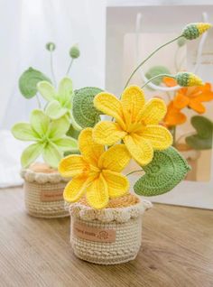 three crocheted flower pots sitting on top of a wooden table