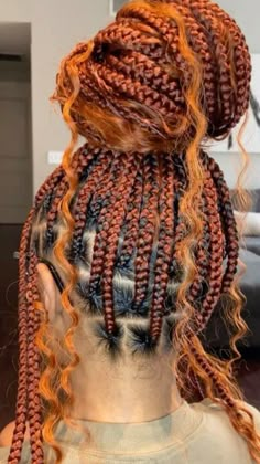 Ginger Braids Hairstyles For Black Women, Long Colored Braids For Black Women, Large Copper Knotless Braids, Boho Braids Black Women With Color, Goddess Braids Ginger Color, Ginger Black Braids, Ginger Hair Black Women Knotless Braids, Knotless Braids With Ginger Color, Different Color Box Braids Black Women