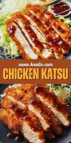 chicken katsuu with sauce and lettuce on the side