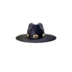 STYLE Rancher Fedora Hat MATERIAL Polyester Suede COLOR Black BAND Black leather cord with gold or silver conchos BRIM 3.5" CROWN 4" FITTED Elastic inner band SHAPE Structured Hat SIZE M/L 56 cm -59 cm (22.04" - 23.22") Please note, hat features including suede color may vary slightly from piece to piece. These hats are individually hand crafted by artisans, each with its own unique character. We want your new hat to be as unique as the person wearing it and consider this a contribution to the u Western Gold Fedora With Short Brim, Western Style Gold Fedora With Short Brim, Western Style Gold Fedora With Flat Brim, Elegant Adjustable Fedora For Western-themed Events, Gold Fedora With Short Brim For Festivals, Adjustable Gold Fedora For Festivals, Luxury Fedora For Rodeo, Luxury Adjustable Hat Bands For Rodeo, Luxury Felt Hat With Adjustable Flat Crown