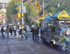 an oil painting of people waiting at a food truck