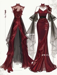 Red Gown Drawing, Pretty Red Outfits, Prom Dresses Drawing, Outfits For Drawings, Fancy Elegant Dresses, Black And Red Dress Formal, Red Dress Sketch, Demon Outfit, Fairytale Wedding Dress