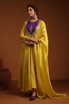 Yellow, purple colorblock angarkha anarkali with zardozi, sequin embroidery in floral pattern. Paired with pant and dupatta. - Aza Fashions