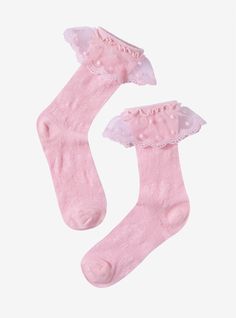 Think pink with these adorable crew socks on! They feature a mesh layer at the top with lace trim. Perfect for your coquette aesthetic.One size fits most75% cotton; 10% polyester; 10% nylon; 5% spandexWash cold; dry lowImported Pink Ruffle Socks, Coquette Socks, Trilogy Tour, Ruffle Socks, Red Hair Bow, Top With Lace Trim, Ruffled Socks, Quince Dress, Pink Trousers