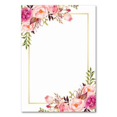 a white card with pink flowers and gold trimmings on the edges, in front of a white background