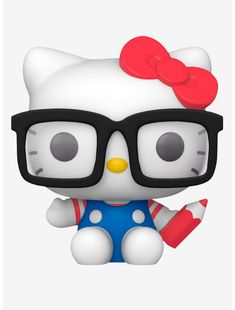 a hello kitty with glasses and a bow on it's head, sitting in front of a white background