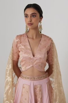 Pink pure silk kalidar lehenga with gul aari and zardozi embroidered details and brocade panels. Paired with a half sleeves plunging V neckline banarasi silk brocade floral blouse and blooming pattern woven banarasi brocade organza dupatta. - Aza Fashions Silk Traditional Wear With Self Design For Reception, Elegant Banarasi Silk Set With Sheer Dupatta, Brocade Blouse Piece With Cutdana For Reception, Reception Brocade Blouse Piece With Cutdana, Reception Sharara With Unstitched Blouse In Banarasi Silk, Traditional Wear In Tissue Silk For Reception, Traditional Tissue Silk Wear For Reception With Self Design, Raw Silk Self Design Blouse Piece For Reception, Unstitched Brocade Blouse Piece For Reception