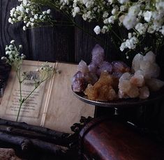 some flowers and rocks are sitting on a table next to an old book with writing