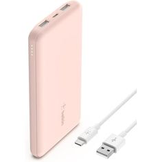 an image of a pink power bank with two usbs and one plugged in