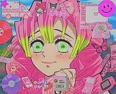 a girl with pink hair and green eyes surrounded by various items from her life cycle