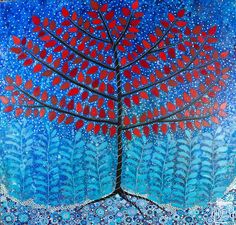 a painting of a tree with red leaves