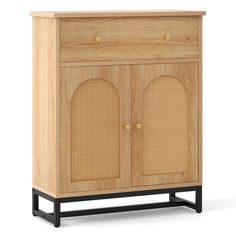 a wooden cabinet with two doors and some black legs