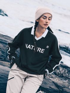 Black  Collar Long Sleeve Knitted Fabric Letter  Embellished Slight Stretch  Women Outdoor Apparel Fabric Letters, Outdoor Woman, Outdoor Apparel, Long Sleeve Knit, Letter Prints, Sweat Shirt, Knitted Fabric, Turn Ons, Collar