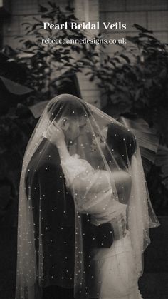 a black and white photo of a bride and groom with the words pearl bridal veils