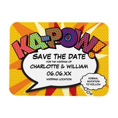 save the date card with an image of pop art and comic speech bubbles on it