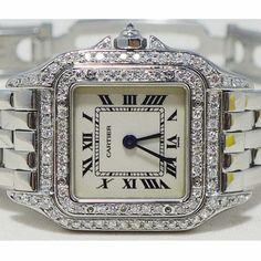 The Cartier Panthere Stainless Steel Women's Diamond Watch 23mm ~1ct is a timeless classic. This Luxurious Cartier watch is pre-owned, in excellent condition, and comes in an original box with a full warranty from ItsHot.com. Whether you're looking for a classic timepiece or a luxurious statement piece, the  Cartier Panthere Stainless Steel Women's Diamond Watch 23mm ~1ct is the perfect choice. Each watch can be additionally customized with diamonds (please contact us for details). Cartier Rectangular White Gold Diamond Watch, Luxury Silver Cartier Diamond Watch, Cartier Panthere Watch Small Diamond, Luxury Cartier Diamond Watch With Accents, Cartier Panthere Watch Silver, Diamond Watches Women, Cartier Panthere, Cartier Santos, Diamond Jewelry Store