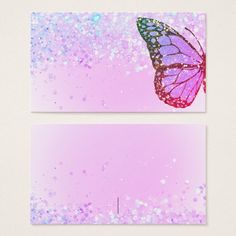 two pink and purple business cards with a butterfly on one of the card's sides