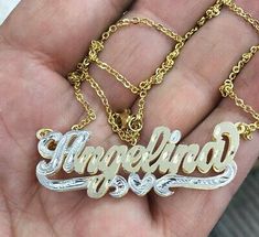 Find ideas๏ฟฝand inspiration for 14k Gold Overlay Personalized 3D Name Necklace Plate TWO TONE/ n1, Fashion Jewelry Necklace Name Design, Betty Boop Jewelry, Custom Gold Jewelry, Quinceanera Jewelry, Xoxo Jewelry, 3d Name, Gold Chain Earrings, Gold Name Necklace, Dope Jewelry