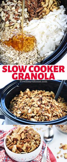 Slow Cooker Granola, three-photo collage with text showing crock pot granola ingredients, and then finished crockpot granola in slow cooker and bowl. Slow Cooker Granola Recipe, Wholesome Breakfast, Granola Recipe Healthy, Granola Recipe Homemade, Granola Healthy, Granola Recipe, Crockpot Recipes Slow Cooker, Granola Recipes, Homemade Granola