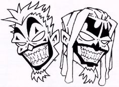 two cartoon faces that are drawn in black and white