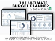 the ultimate budget planner for google sheets is shown on three ipads and one tablet