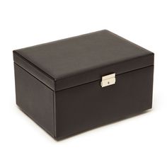 Brouk and Co. - Brouk & Co. "Riley" Black Faux Leather Three-Tray Jewelry Box. From Brouk & Co., this charming and sophisticated "Riley" dresser-top jewelry box is perfect for all your precious accessories. Features a black faux leather design with three trays lined in a soft ultra-suede to protect your jewelry. Top compartment is divided into multiple sections with a three-ring roll, while the second drawer has three earring cards and a large compartment for statement pieces. Bottom tray features four watch pillows with two large compartments for bracelets. Wipe clean. Vegan friendly. Measures 11 1/2"L x 8 1/2"W x 6 1/2"H. Item(s) are safely and securely packaged. Elegant Jewelry Storage With Gift Box For Formal Occasions, Elegant Jewelry Storage Gift Box For Formal Occasions, Luxury Jewelry Storage Gift Box For Formal Occasions, Elegant Rectangular Jewelry Storage, Elegant Formal Jewelry Storage Box, Luxury Formal Jewelry Storage Box, Jewelry Box With Lock, Luxury Rectangular Jewelry Storage Gift Box, Black Leather Box Bag With Gold-tone Hardware