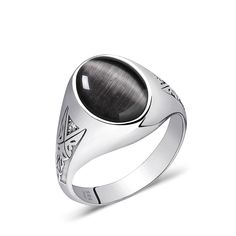 cat's eye stone men's ring solid silver Elegant Silver Stainless Steel Signet Ring, Silver Oval Cabochon Signet Ring With Polished Finish, Formal Silver Signet Ring With Cabochon, Formal Silver Engraved Ring With Gemstone, Silver Engraved Ring With Gemstone For Formal Occasions, Silver Signet Ring With Cabochon For Anniversary, Silver Cabochon Signet Ring For Anniversary, White Gold Sterling Silver Oval Cabochon Ring, Anniversary Silver Signet Ring With Cabochon