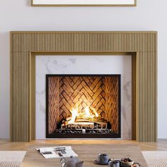 Hewitt 48x42 Wood Mantel - Blonde Stain Wooden Fireplace Mantle Surround, Modern Fireplace Mantle, Mid Century Fireplace Makeover, Tile Fireplace Surround, Mid Century Fireplace, Fireplace Walls, White Mantel, Fireplace Mantel Surrounds, Mantel Surround