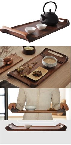 three different views of a tray with food on it and the same one being used as a serving tray