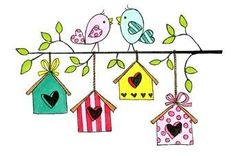 four birdhouses hanging from a branch with hearts and birds on it's wings