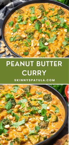 two pictures of peanut butter curry with broccoli and cashews