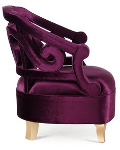 an upholstered chair with wooden legs and purple velvet fabric, on a white background