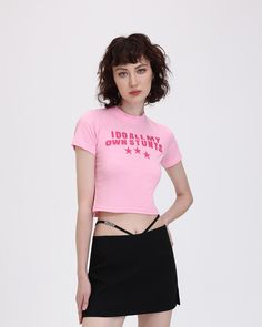 Model (WearingS):• Height: 175cm | Bust: 78cm | Waist: 57cm | Hips: 86cmDetails: Crop top with interesting tagline letter printsLength: CroppedSleeve Length: Short sleevesMaterials:95% Polyester + 5% Spandex I Do All My Own Stunts Shirt, Pink Y2k T-shirt With Letter Print, Pink Stretch T-shirt With Text Print, Pink Slogan T-shirt With Short Sleeves, 90s Slogan T-shirt In Pink, Trendy Pink T-shirt With Name Print, Fitted Pink Tops With Logo Print, Pink Fitted Top With Logo Print, Cute Stretch Short Sleeve T-shirt