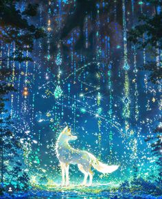 a white wolf standing in the middle of a forest filled with stars and sparkles