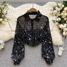 Sheer Starry Button Up Shirt (2 Colors) – Megoosta Fashion Chiffon Button Up Shirt, Celestial Button Up, Astronomy Outfit Aesthetic, Button Ups Aesthetic, Space Goth Aesthetic, Celestial Core Outfits, Sheer Button Up, Celestial Outfit Ideas, Space Themed Fashion