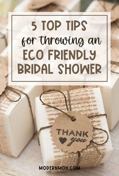 gift wrapped in brown paper with the words top tips for throwing an eco friendly bridal shower