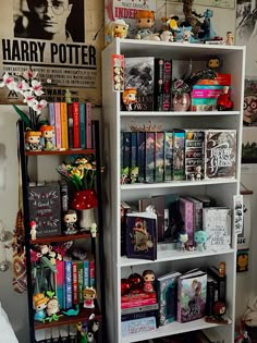 a bookshelf filled with lots of books next to a wall covered in harry potter posters