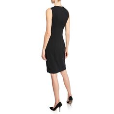 Approx. 38"L from shoulder to hem. V neckline; back zip. Wide shoulder straps with seamed accent at edges. Princess seams contour fitted silhouette. Slits ease straight hem above knee. Back zip. Wool/nylon. Item comes without belt. Made in Switzerland. Princess Seams, Princess Seam, Fitted Silhouette, V Neck Dress, Above Knee, Above The Knee, V Neckline, Top Designers, Neiman Marcus