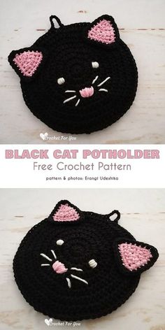 black cat potholder with pink ears and tail is shown in two different pictures, one has