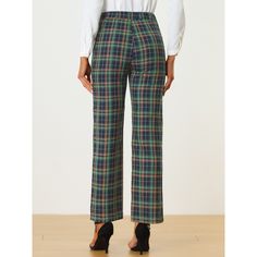 These pants are essential for dressing up or down. Lightweight fabric, covered in a plaid pattern, shapes these trendy trousers with a high-rise fit. How it is a bit high waist and how it gathers at the waist adding shape to the body. You may love everything about these trousers, from their regular fit to the elastic high-waist, which could double as a hiding mechanism for women with love handles. Style these trousers with a crop top and heels for the ultimate look. This fashionable and trendy c Tailored Casual Plaid Pants, Plaid High-waisted Pants For Work, Tailored Plaid Casual Bottoms, Plaid Straight Pants For Office, Plaid Trousers For Office, High Waist Plaid Pants For Work, High Waist Plaid Bottoms For Business Casual, Plaid Straight Leg Pants For Work, Plaid Straight Leg Work Pants