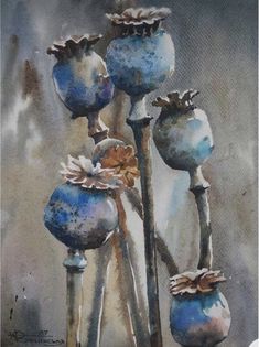 an abstract painting of blue vases with flowers in them on a gray background,