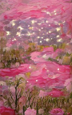 an abstract painting of pink water and trees with lights in the sky above it on a canvas